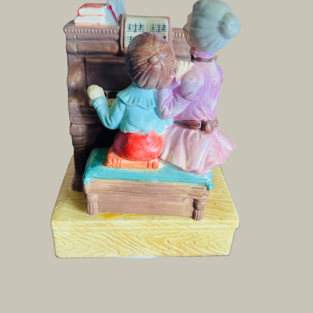 Vintage Rotating Piano Music Box Grandmother and Grandson Figurine Decor